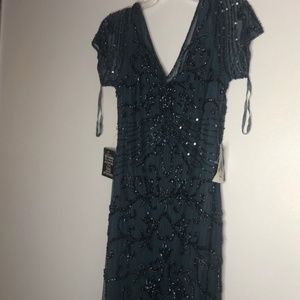 NWT Pisarro Nights coastal blue beaded gown